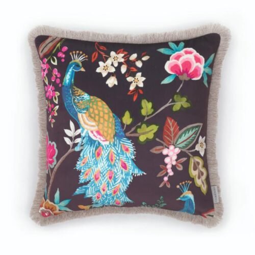 Coussin en velours noir imprimé paons et fleurs exotiques