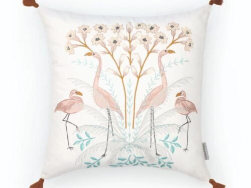 Coussin en coton brodé motif flamands roses romantiques