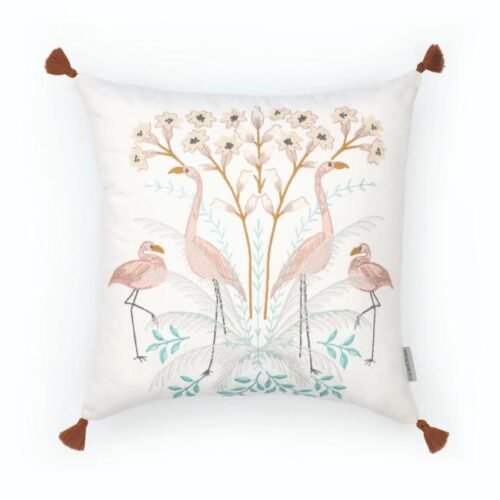Coussin en coton brodé motif flamands roses romantiques