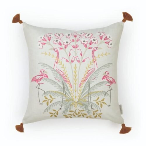 Coussin en coton brodé motif flamands roses