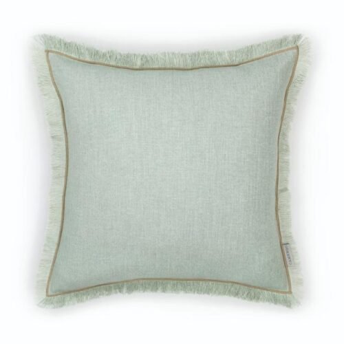 Coussin carré à franges esprit lin bleu céladon