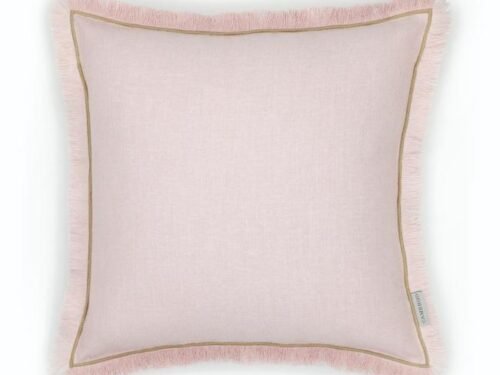Coussin carré à franges esprit lin rose dragée