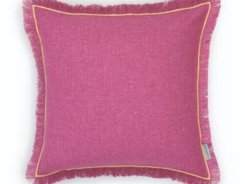 Coussin carré à franges esprit lin framboise
