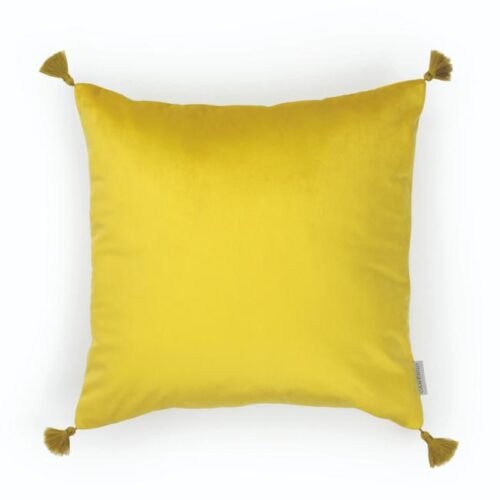 Coussin carré à pompons en velours lisse coloris jaune soleil